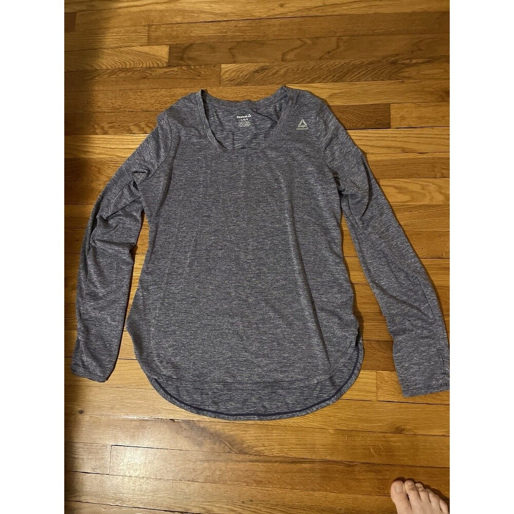 Reebok Women’s Heather Gray Activewear T-Shirt L Long Sleeve Round Neck Logo